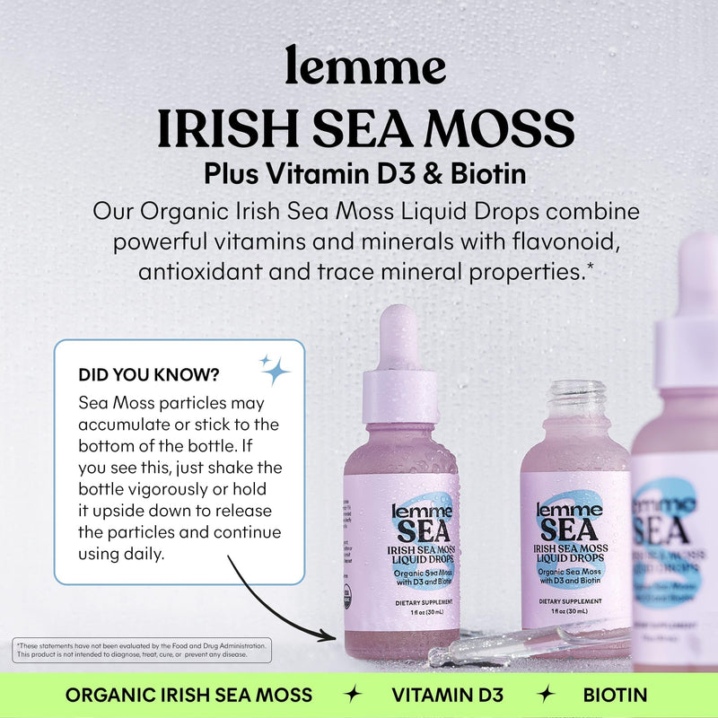 Lemme Irish Sea Moss Organic Liquid Drops with Vitamin D3, 30-Day Supply | Vitamin D3 & Biotin, Thyroid, Immunity, Hair Skin & Nails & Brain Health Support, Trace Minerals, Sugar Free