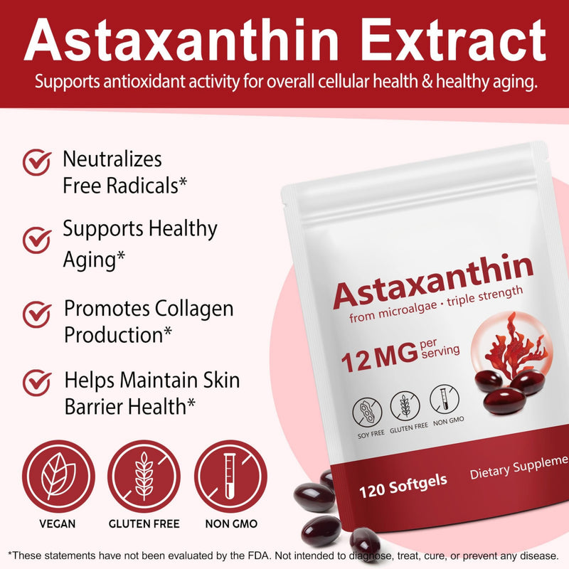 Astaxanthin 12mg Supplements, Astaxanthin High Strength Antioxidant Supplement, 120 Softgels 2 Pack, Supports Eye, Skin, Joint, Heart, Brain & Immune Health, No Gluten,Non-GMO with Pill Organizer