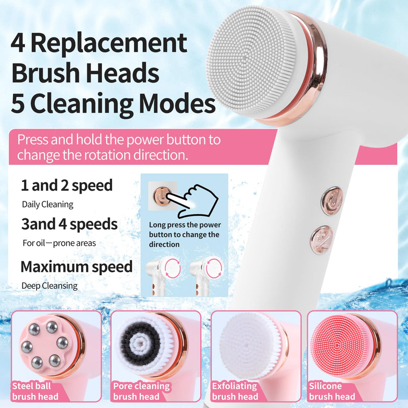 4 in 1 Facial Cleansing Brush, Multi Function Electrical Face Wash, Brush IPX6 Waterproof Portable Face Scrubber, 5 Speed Adjustable, 2 Rotation Directions Adjustable, Gift for Women Men (White) White