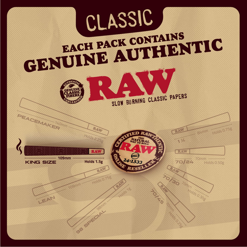 [Australia] - RAW Cones Classic King Size | 50 Pack | Natural Pre Rolled Rolling Paper with Tips & Packing Tubes Included 