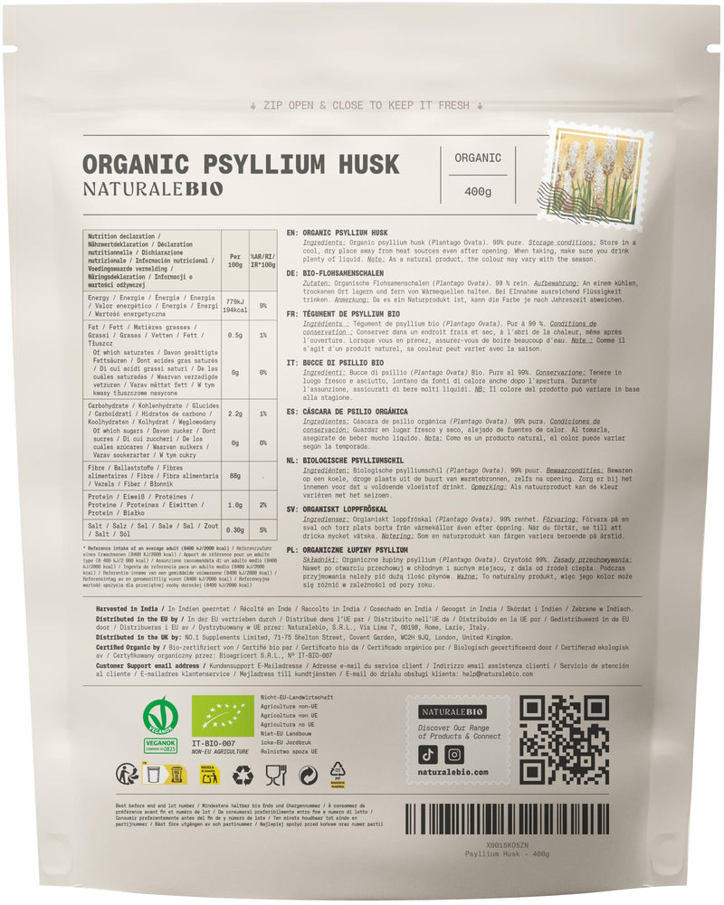 NaturaleBio Organic Psyllium Husk - 99% Purity - 400g. Pure & Natural Psyllium Seed Husks, Produced in India. High in Fibre, to be Mixed with Water, Beverages, & Juices, Vegetarian & Vegan. 400 g (Pack of 1)