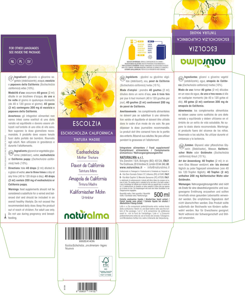 Eschscholzia (Eschscholzia californica) herb Alcohol-Free Mother Tincture Naturalma - Liquid Extract Drops 500 ml - Food Supplement - Vegan 500 ml (Pack of 1)