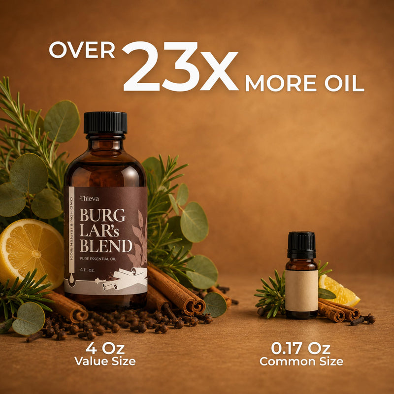 THIEVA Burglar's Blend Essential Oil, USDA Organic, 4 oz | Pure Undiluted Clove, Cinnamon, Eucalyptus, Rosemary and Lemon Blend for DIY Cleaning, Diffusers and Seasonal Home Wellness Burglars