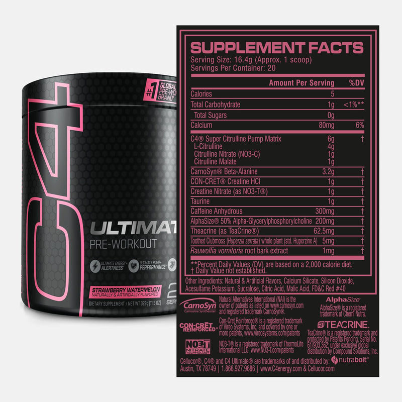 [Australia] - Cellucor C4 Ultimate Pre Workout Powder Watermelon - Sugar Free Preworkout Energy Supplement for Men & Women - 300mg Caffeine + 3.2g Beta Alanine + 2 Patented Creatines - 20 Servings Strawberry Watermelon 20 Servings (Pack of 1) 