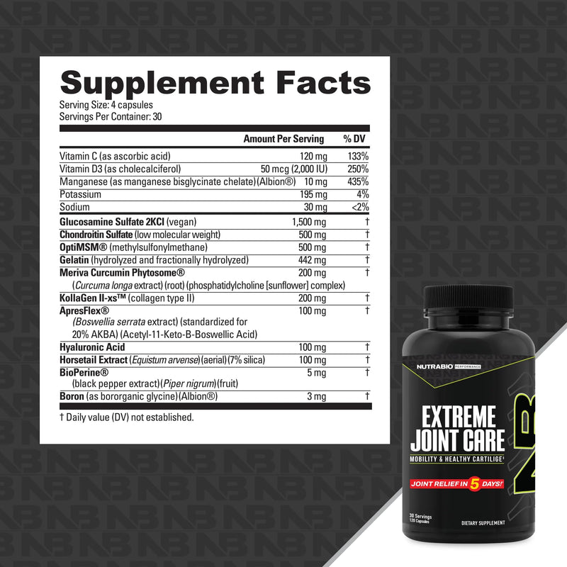 [Australia] - NutraBio Extreme Joint Care - Joint Support Supplement for Joint Relief, Pain-Free Movement - Joint Health Supplement, Supports Joints, Mobility, and Cartilage - 120 Capsules 