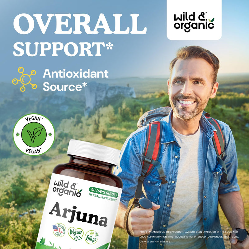 [Australia] - Wild & Organic Arjuna Capsules - Overall Support - Arjuna Bark Powder Supplement - 90 Herbal Capsules - 90 Days of Supply - Terminalia Bark & Leaf Extract - Vegan, No Fillers, Non-GMO 