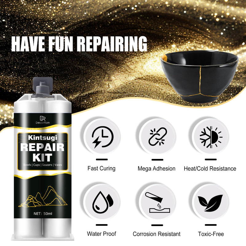 [Australia] - Kintsugi Repair Set - 50ml Gold Glue Kintsugi Set, Food Safe Ceramic Repair Set, Gold Porcelain Glue for Repairing Broken Ceramics, Glass, Porcelain, Sculptures, Pottery 