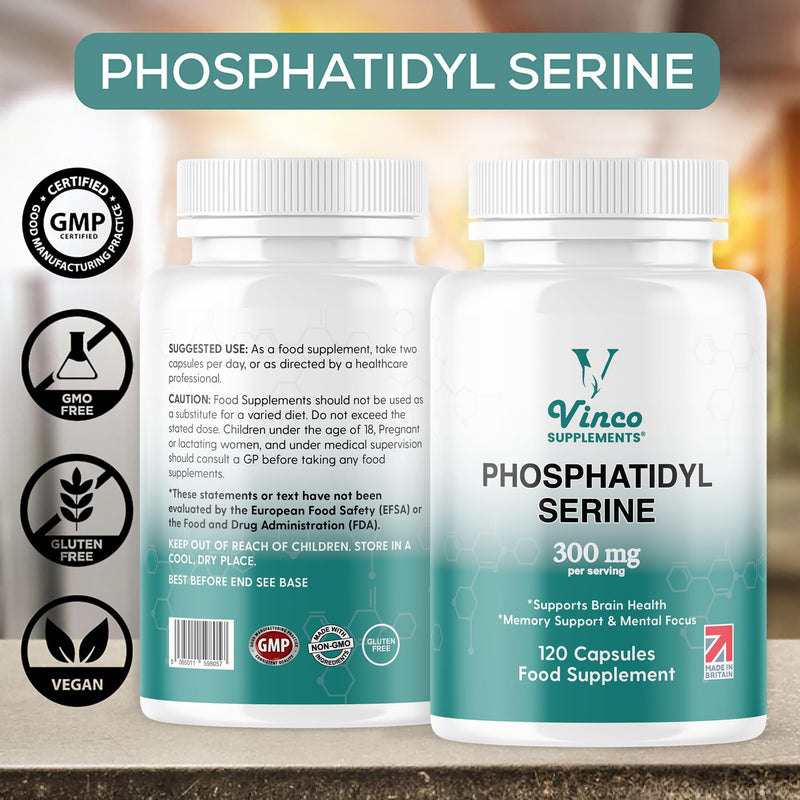 Vinco Phosphatidylserine Supplement - 120 High Strength Phosphatidylserine Capsules - 300mg Per Serving - Non GMO & Gluten Free (White) White