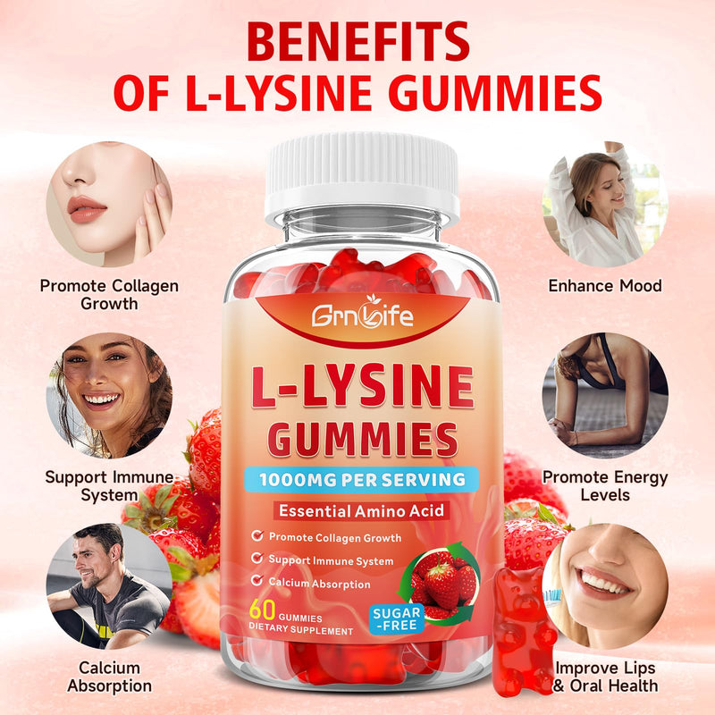 2 Pack L-Lysine 1000mg Gummies, Chewable Lysine Supplement for Adults & Kids, Essential Amino Acid Supplement for Immune Support, Collagen Formation Support, Strawberry, 120 Count 120 Count (Pack of 1)