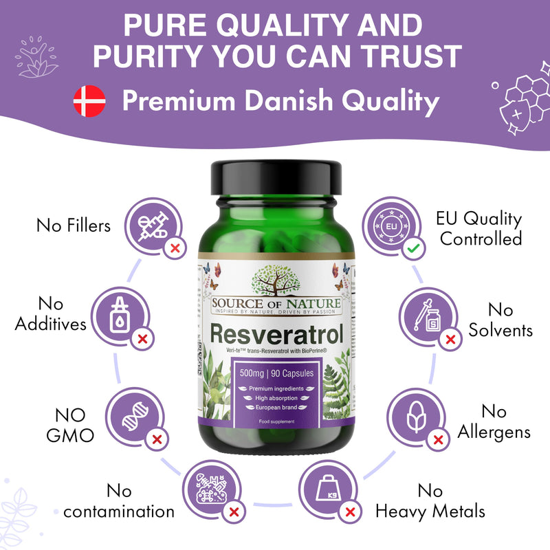 Trans-Resveratrol 500 mg | 90 Vegan Capsules | High Strength | 98% Purity | Naturally Fermented | with Piperine | Lab Tested | Premium Quality 90 count (Pack of 1)