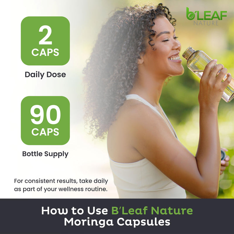 B'LEAF NATURE Moringa Leaf Vegan Capsules 1000mg Servings, 90 Count | Pure Moringa Oleifera Leaf Powder, Energy & Immune Support, Non-GMO Gluten Free Vegan, Superfood 90 Count (Pack of 1)