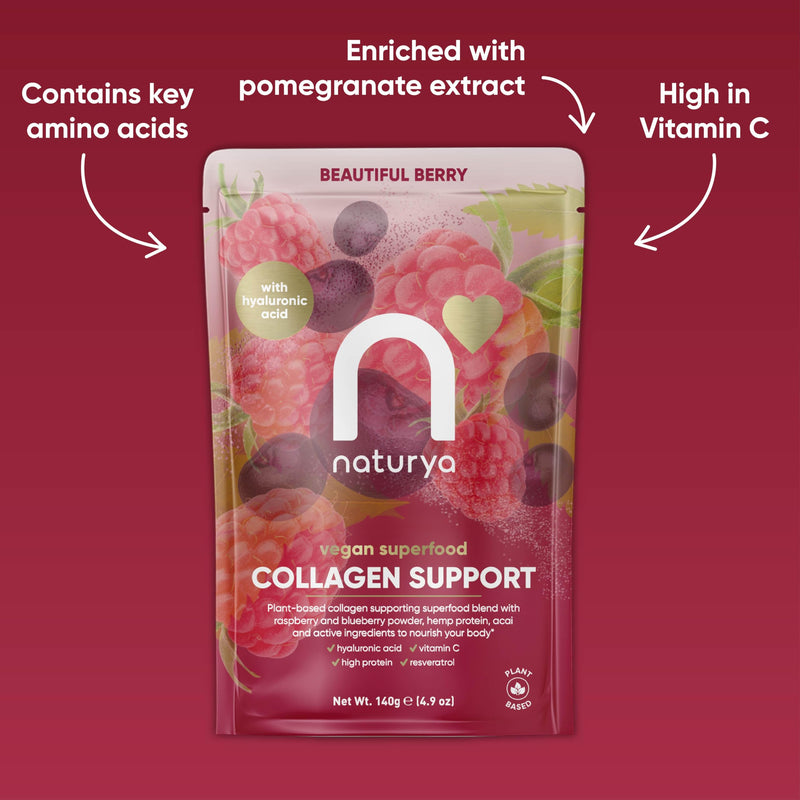 Naturya Vegan Superfood Collagen Support Beautiful Berry 140 g – Plant-Based Collagen Builder with Vitamin C, Hyaluronic Acid & Mixed Berry Flavour