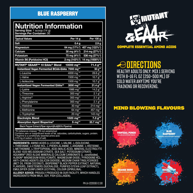 MUTANT GEAAR | 9.4g of EAA Powder + Arginine, 7g BCAAs, 4g Leucine, Electrolytes, Coconut Water, No Artificial Colours or Flavours | 30 Servings | Blue Raspberry