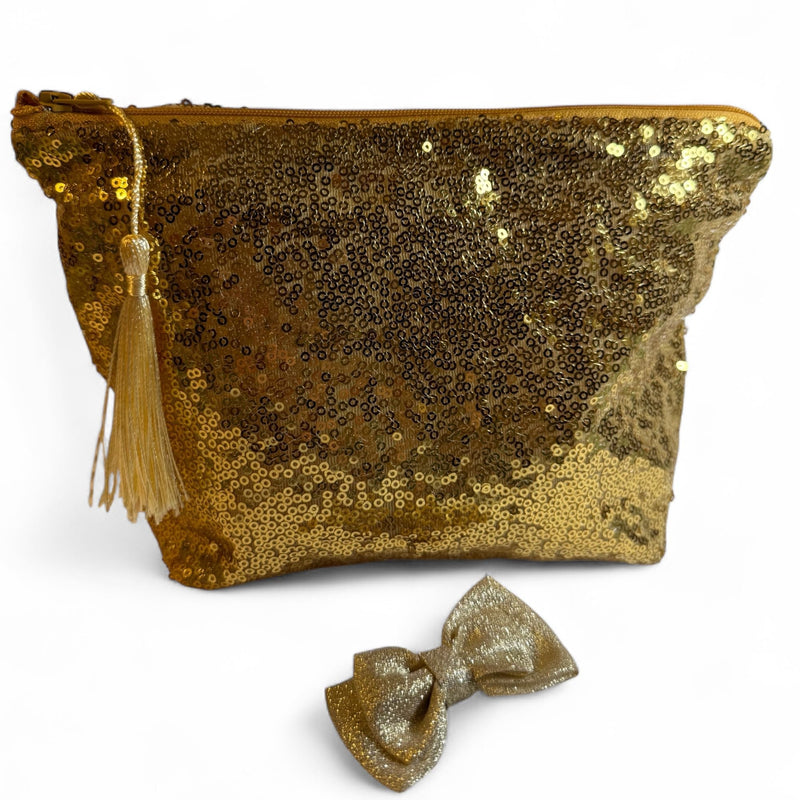 Luxury Handmade Gold Sequin Cosmetic Bag with Tassel, Waterproof Lining, Hair Clip Included