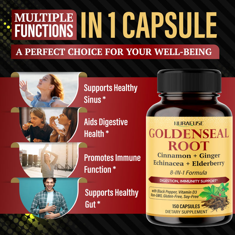 [Australia] - Goldenseal Root 8-in-1 Formula - with Cinnamon Ginger Echinacea Elderberry Black Pepper Vitamin D3 - Non-GMO, Gluten-Free, Soy-Free 150 count (pack of 1) 