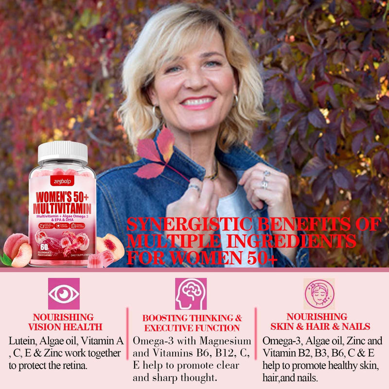 Womens Multivitamin 50 Plus Gummies - Methylated Multivitamins Gummy | with Vitamin A C D3 E K2, B Complex, Calcium, Magnesium, Zinc, Folate, Biotin - Multi Vitamins & Minerals - Sugar-Free Peach 60 Count (Pack of 1)