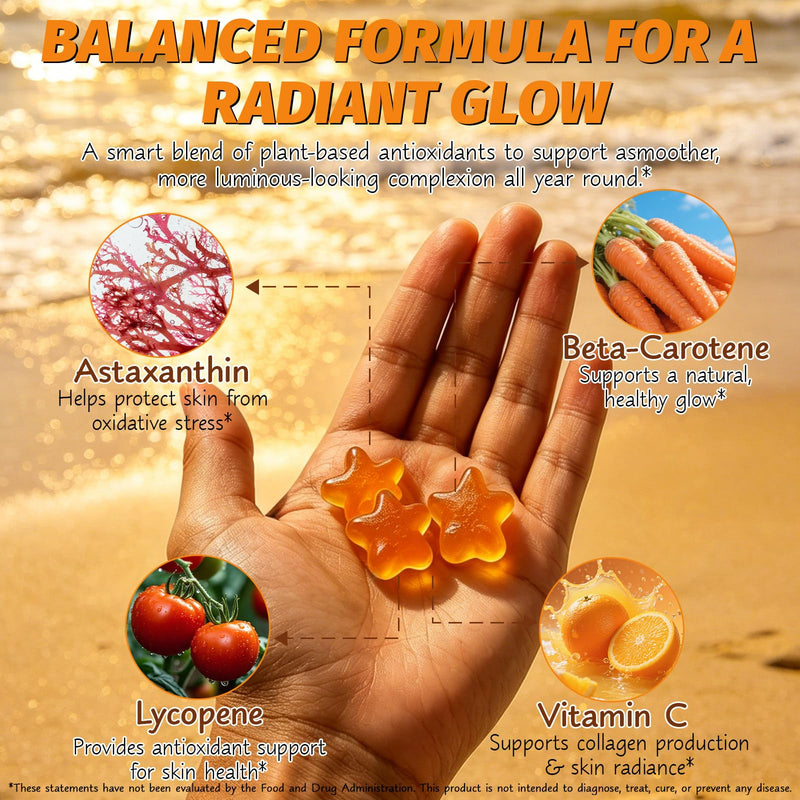 Tanning Gummies, Tanning Supplement with Beta-Carotene, Astaxanthin, Lycopene & Vitamins, Supports Skin Radiance & Hydration, Sugar Free & Gluten Free, 60 Count