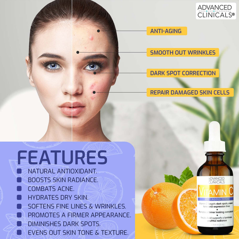 Advanced Clinicals Retinol Anti-Aging Facial Serum + Vitamin C Brightening Facial Serum + Hyaluronic Acid Hydrating Facial Serum Set