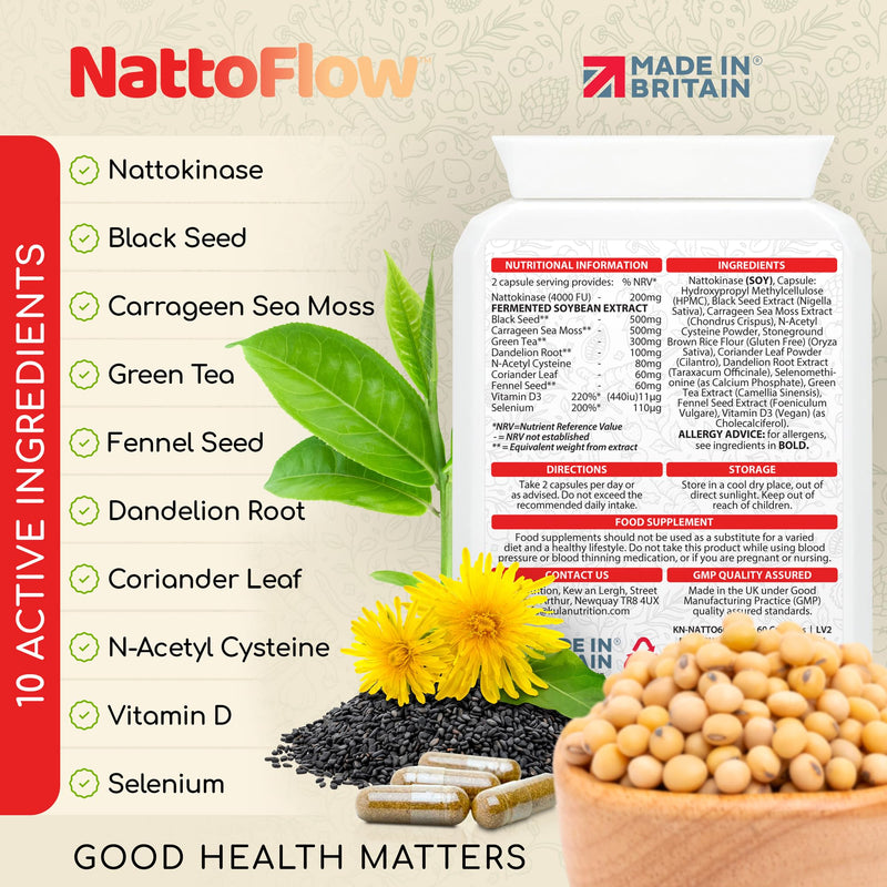 NattoFlow - 200mg 4000 FUs - High Strength Nattokinase Supplement for Heart Health - Plus Black Seed, Sea Moss, Green Tea, Dandelion, NAC, Coriander, Fennel, Selenium, Vitamin D3-60 Vegan Capsules