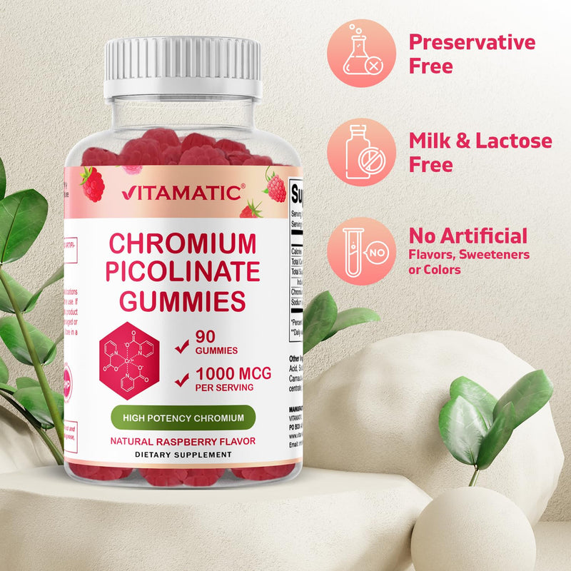 [Australia] - Vitamatic Chromium Picolinate 1000 mcg - 90 Gummies - High Potency Chromium - Raspberry Flavor 90 Count (Pack of 1) 