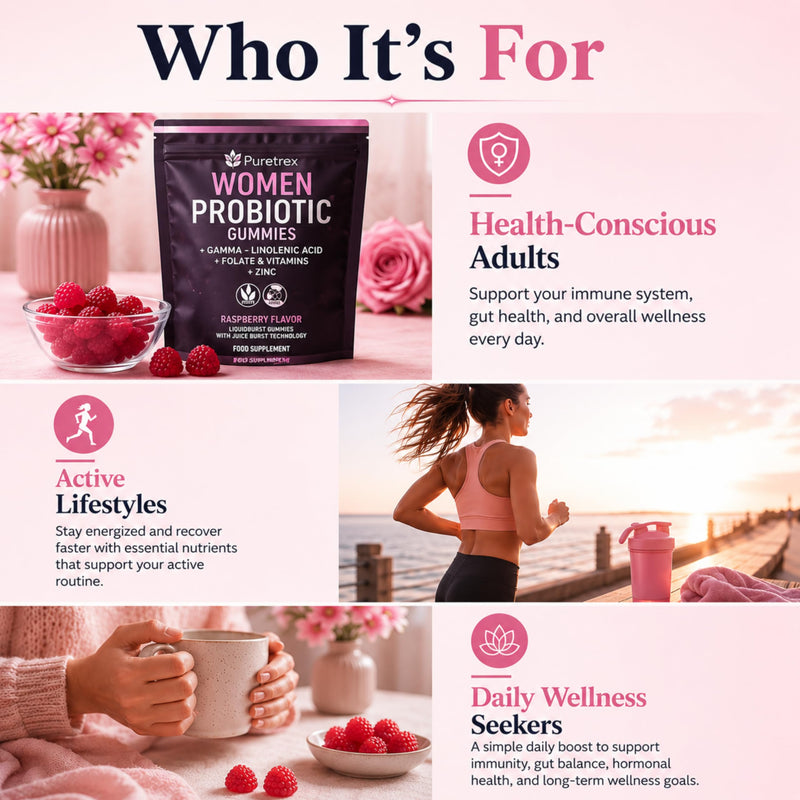 Puretrex Women’s Probiotic & Prebiotic Gummies, Gut Digestive Vaginal & Immune Health Support, pH Balance & Bloating Relief, UK Made Vegan Gummies with Folate Zinc & GLA, 60 Gummies, 1 Month Supply