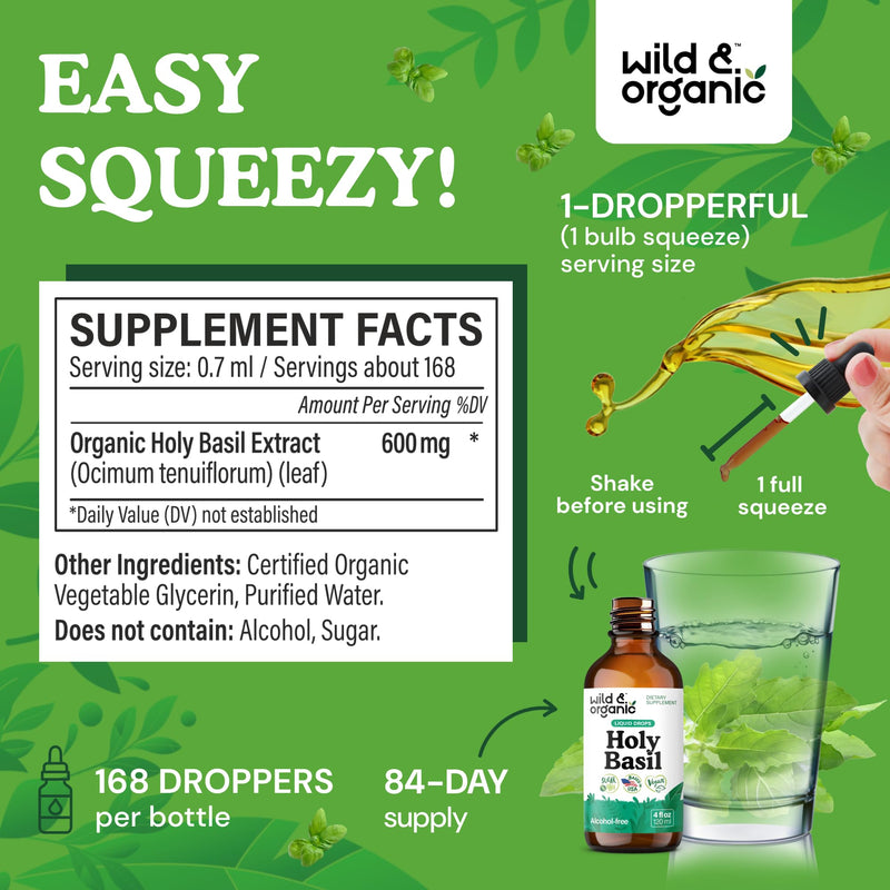 [Australia] - Wild & Organic Holy Basil Tincture - Relaxation & Calmness Support - Liquid Holy Basil Leaf Supplement - Tulsi Drops - Vegan, Sugar & Alcohol-Free Extract - 4 fl oz 4 Fl Oz (Pack of 1) 