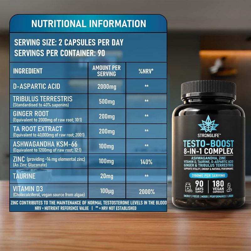Testosterone Booster Supplement | with D-Aspartic Acid, Tribulus, Zinc, TA Root Extract & Vitamin D3 | 200:1 Extract | 90-Day Supply | Strength, Energy & Vitality | 180 Vegan Capsules