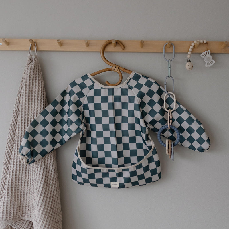 [Australia] - mushie Long Sleeve Baby Bib | Mess Free & Waterproof Fabric for Toddlers | Adjustable Fit for Ages 6-24 Months Olive Check 