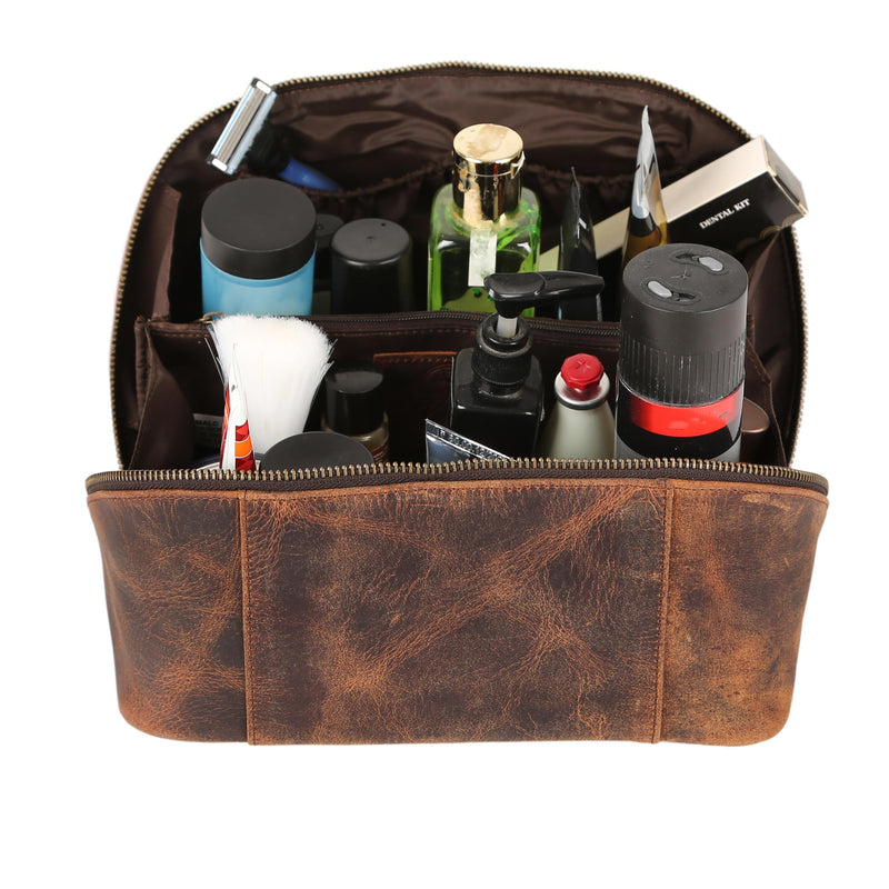 KomalC Luxury Leather Men’s Toiletry Travel Bag – Handmade Shaving Kit with Waterproof Interior, Spacious Storage & Carry Handle – leather travel Kit Bag for Men & Women (Dark Brown) Dark Brown