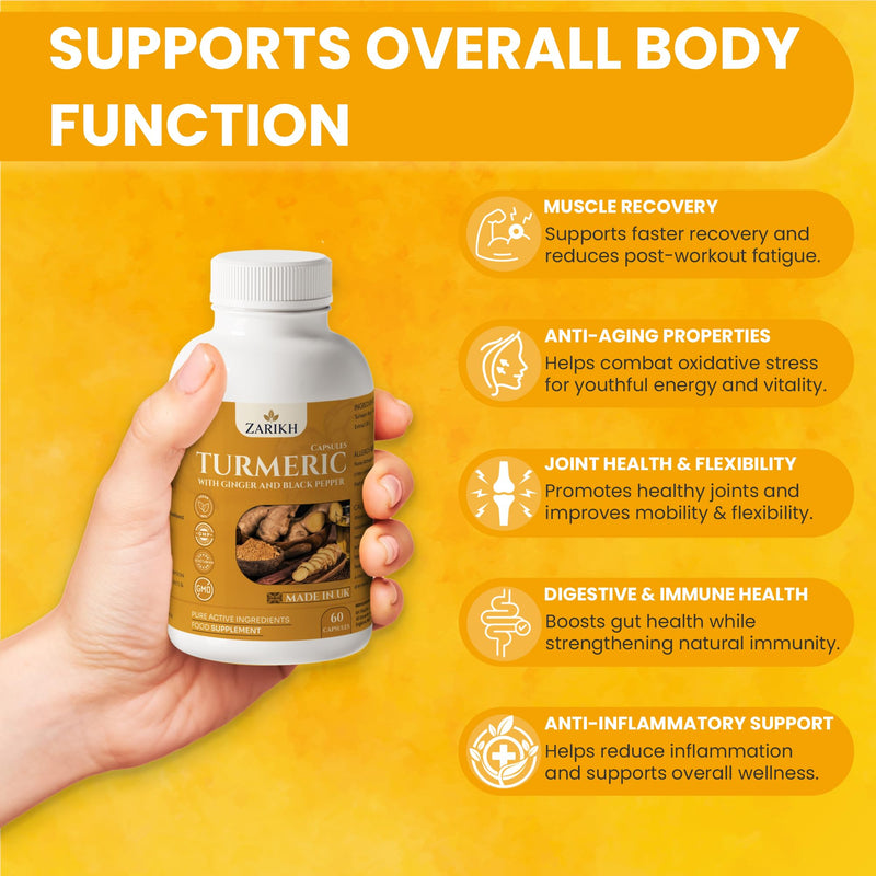 High Strength Turmeric and Black Pepper Capsules with Ginger Root | Supports Joint, Immune, Gut & Kidney Health | Anti Inflammatory Turmeric Supplement | 60 Vegan Turmeric Capsules | UK Made