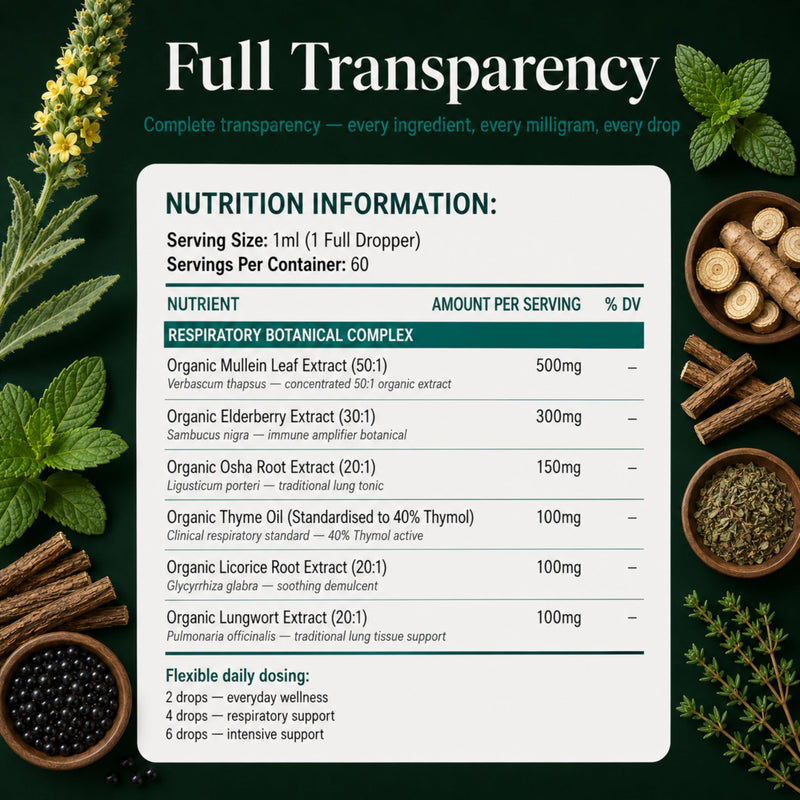 PURETREX Elite Mullein Drops Vegan Supplement 60ml – Made in UK Organic Mullein Leaf Extract, Lung & Respiratory Support Liquid with Elderberry Peppermint Thyme for Breathing Immunity & Wellness