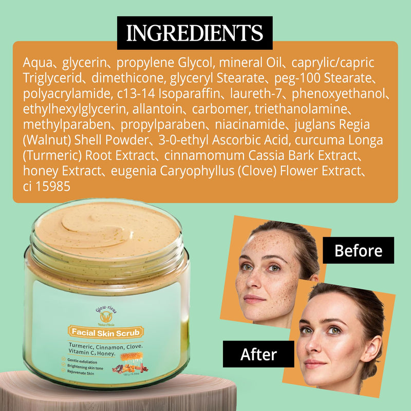 Glow-Rious Turmeric Face Scrub with Vitamin C & Honey - Gentle Exfoliating Facial Scrub for Skin & Even Tone - with Cinnamon & Clove - 100g/3.52oz