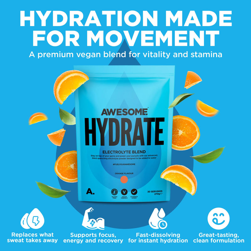 Awesome Hydrate – Vegan Electrolytes Powder – 270g Instant Electrolytes Powder – Sodium, Zero Calorie, Potassium Supplements – Vegan & Gluten-Free Hydration Supplement – (Orange Flavour, 270g) Orange