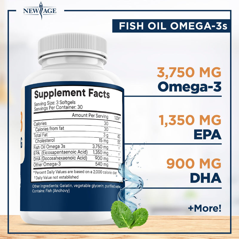 [Australia] - Triple Strength Omega 3 Fish Oil 3750 mg - EPA & DHA - Over 3000mg Omega-3 Fatty Acids - 1350mg EPA + 900mg DHA - Best Essential Fatty Acids, Burpless Fish Oil - 180 Count 90 Count (Pack of 2) 