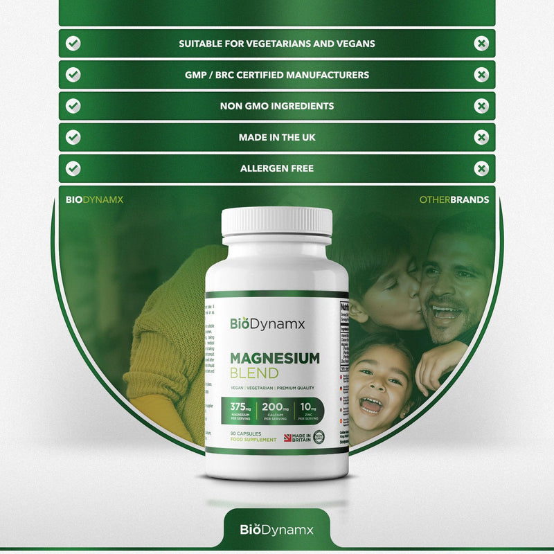 Magnesium 3‑in‑1 Complex 375 mg – Glycinate, Malate & Citrate – 90 High Strength Vegan Capsules (30‑Day Supply) | Energy, Recovery & Sleep Support | UK Made, GMP Certified & Allergen Free