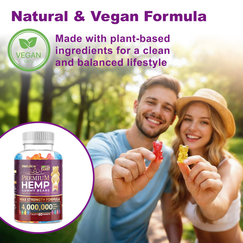 WELLUTION Hemp Gummies XXL 4,000,000 MCG - Vegan Gummy Bears with Natural Hemp Oil, Omega 3-6-9, Vitamins A & D - 60ct