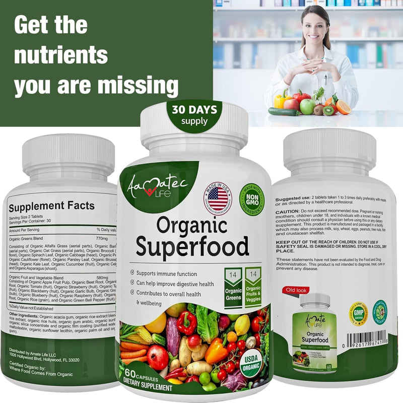 [Australia] - Organic Superfood Greens Fruits and Veggies Complex - Dietary Supplement with 14 Greens and 14 Fruits & Vegetables with Alfalfa Rich in Antioxidant Organic Ingredients Non-GMO 60 Capsules 60 Count (Pack of 1) 