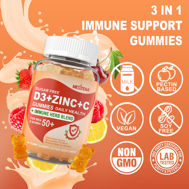 Vitamin C + D3 + Zinc Immune Support Gummies for Adults 50 Plus Elderberry | Vitamin C + D3 + Zinc Gummies for Adults 50 +, Sugar Free Immune Support Supplement w/ Elderberry, Echinacea, Quercetin,1Pack 60 Count (Pack of 2)