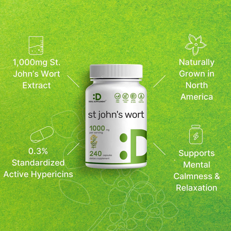 [Australia] - DEAL SUPPLEMENT St. John's Wort Extract 1000mg - 240 Capsules, Retains 3000mcg Active Hypericins | Premium North American Source 