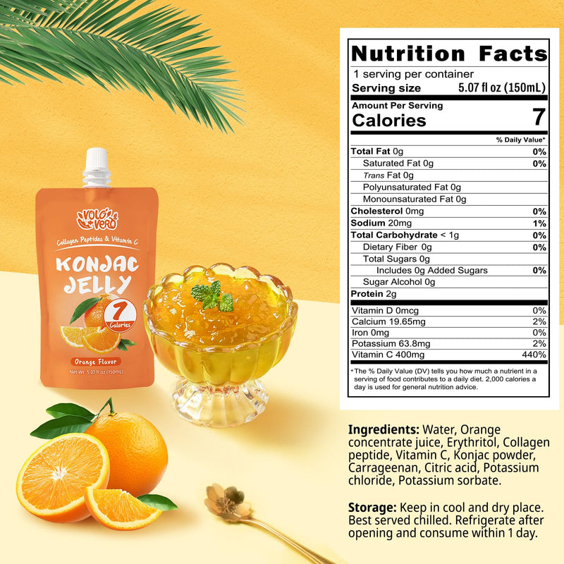 Konjac Jelly Drinkable Pouch with Collagen Peptides and Vitamin C, 20 Packs, 7 Calories, Strawberry and Orange Flavor, Gluten Free, Keto,Zero Sugar, Healthy Fruit Sweet Snacks Gifts,