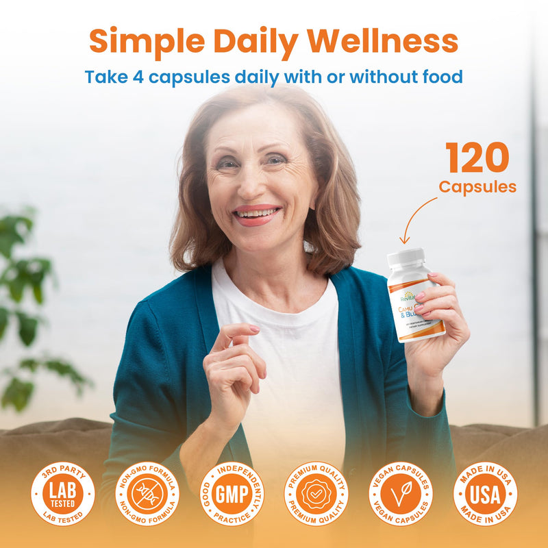 Camu Camu Vitamin C Supplements with Blueberry Extract - Whole Food VIT C & Bioflavonoids for Immune Support, Everyday Wellness & Skin Health - 120 Vegetarian Capsules