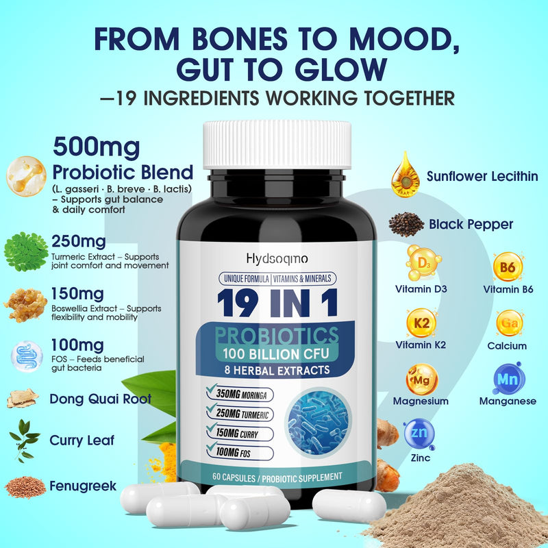 Probiotics for Women – Menopause, Digestive & Gut Health Support with 100 Billion CFU, FOS Turmeric, Moringa, Curry, Boswellia Serrata, Vitamins & Minerals, Daily Probiotic Supplement, 60 Capsules 60 Count (Pack of 1)