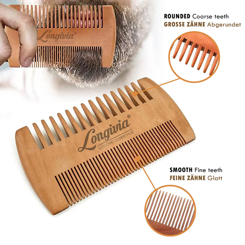 [Australia] - Longivia® Beard Comb Wood Ecological 100% Pear Wood Beard Comb Wood Beard Care for Men Wooden Comb Coarse and Fine Prongs Set - High Quality Beard Comb 