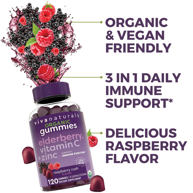 [Australia] - Organic Sambucus Elderberry Gummies with Zinc and Vitamin C (120 Count) - 3 in 1 Black Elderberry Gummies for Adults Immune Support, Chewable Elderberry Supplements, Immunity Gummies 
