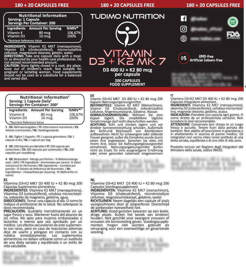 ★ Vitamin D3 K2 MK7 ★ Capsules ★ 400 IU/80 mcg - 200 pcs (6+ Month Supply) of Rapidly Disintegrating Capsules with Premium Quality VIT K2 as Menaquinone and VIT D3 as Cholecalciferol Powder 1 count (Pack of 200)
