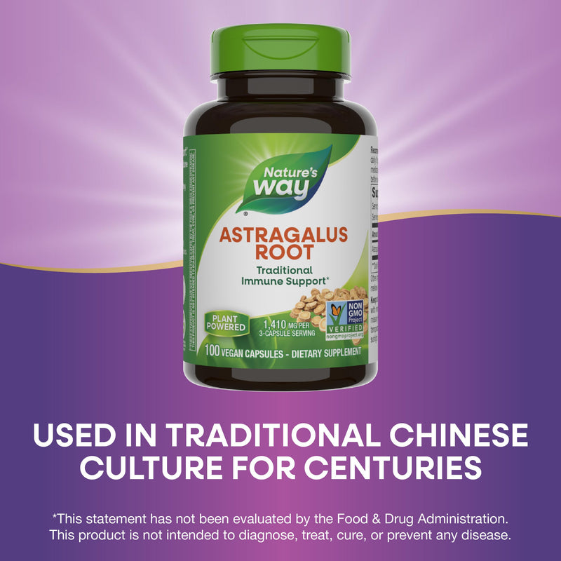 [Australia] - Nature's Way Astragalus Root, Traditional Immune Support*, 1,410 mg per 3-Capsule Serving, Non-GMO Project Verified, Vegan, 100 Capsules (Packaging May Vary) 