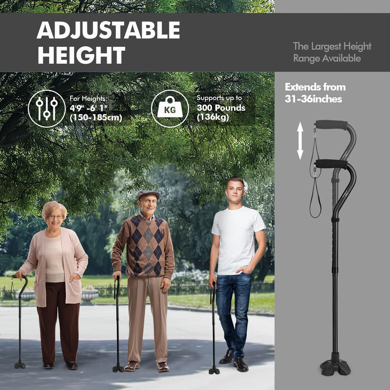 [Australia] - KINGGEAR F1 Walking Stick, Walking Cane for Women & Men, Self Standing Walkers for Seniors with Wrist Strap, Lightweight & Sturdy Offset EVA Handle and Large Quad Base Black 