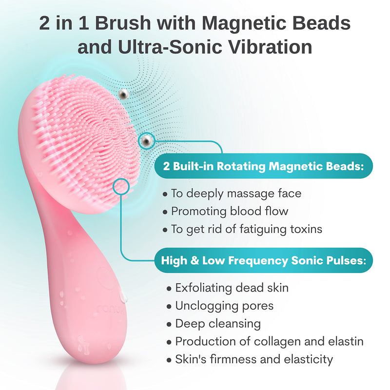 Silicon Facial Cleansing Brush - Electric, Rechargeable, Waterproof IPX7 - Rotating Magnetic Beads - 4 Function Modes - Face Massage for Deep Cleaning - Magnetic Charging Base - Ergonomic Handle