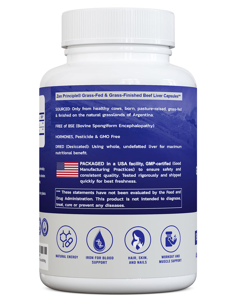 [Australia] - Zen Principle Beef Liver Supplement Grass-Fed, Pasture-Raised Cows. Desiccated Liver Supplement, No Hormones or GMO. Natural Energy from Iron, Protein, Vitamins. 2-Pack, 360 Capsules. 