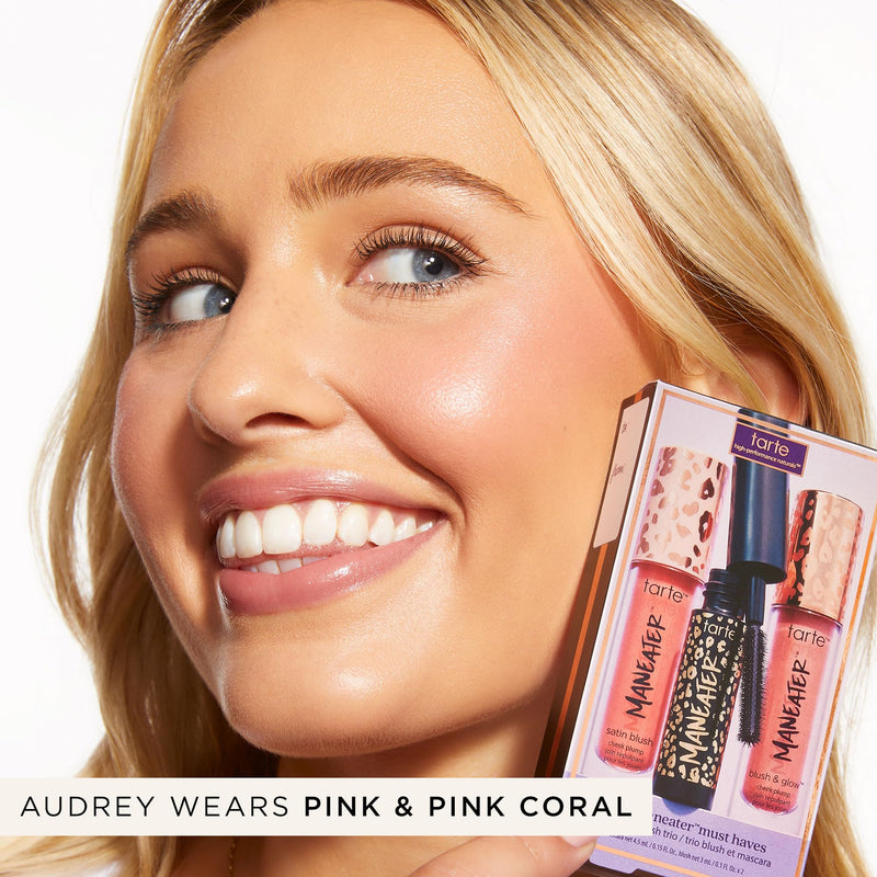 [Australia] - tarte viral maneater must haves mascara & blush trio - Black Mascara for Extreme Curl, Volume & Length, Lightweight Cheek Tint & Illuminator with Hyaluronic Acid & Vitamin E, Cruelty Free pink & pink coral 